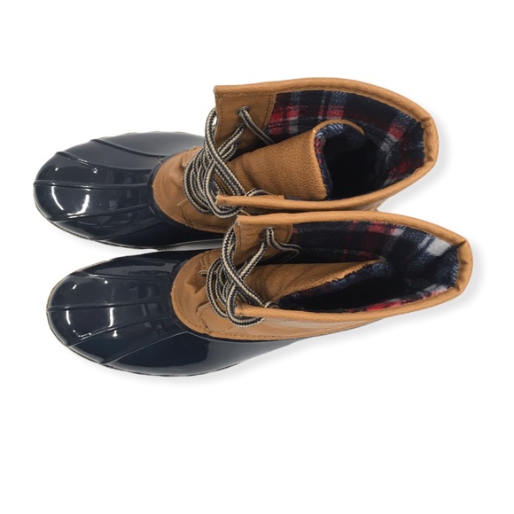 Navy Blue Tan Duck Boots Plaid Lining Size 9 - Picture 6 of 12